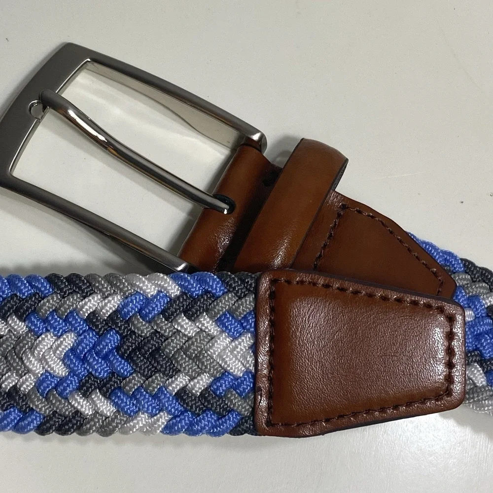Men's Italian‎ Leather Multi Braided Woven Belt Blue White Grey Sz 40